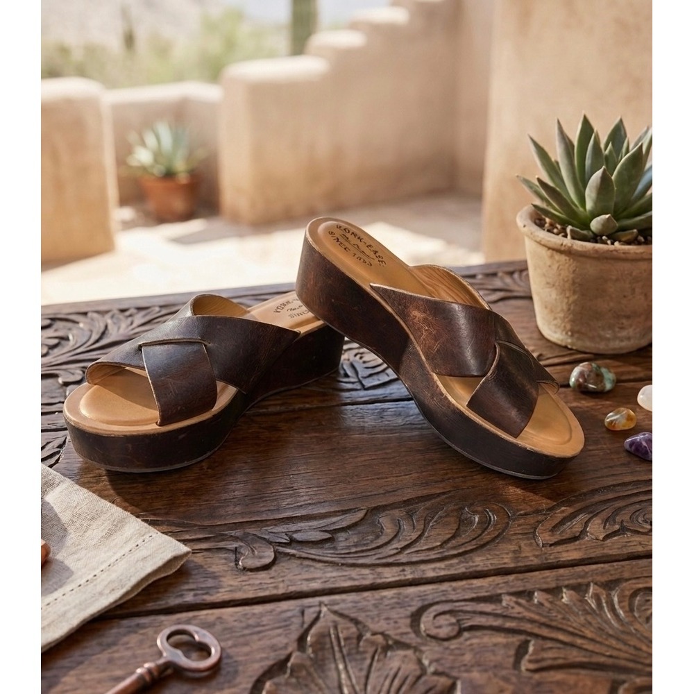 Kork-Ease Womens Size 10 Brown Leather Platform Wedge Slide Sandals K16223